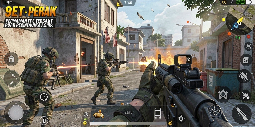 Tampilan gameplay 9ET yang mengesankan dalam suasana FPS.