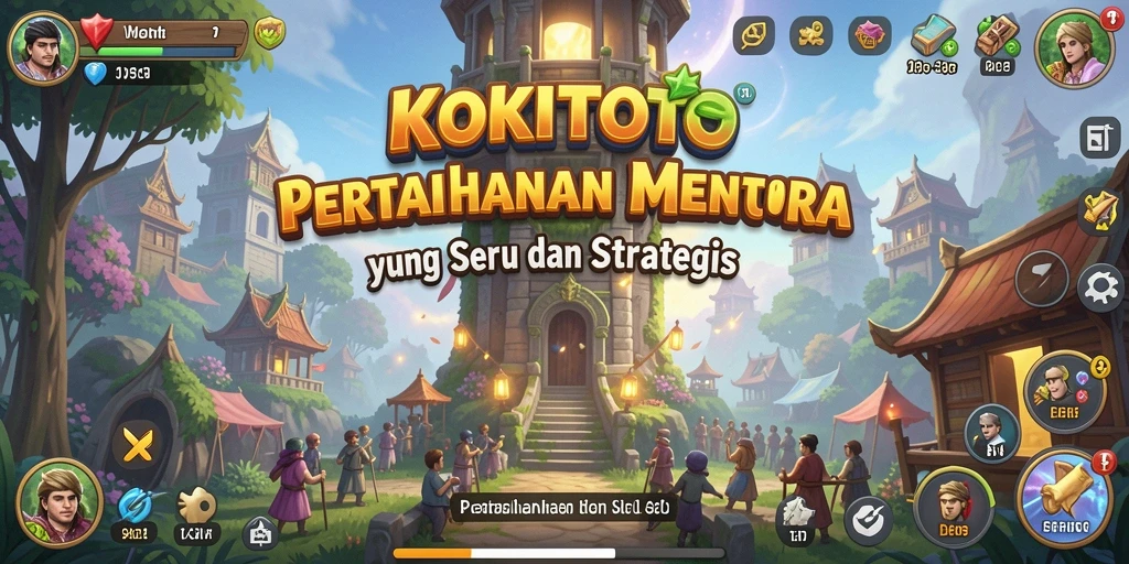 Tampilan gameplay KOKITOTO dengan menara yang menjulang tinggi dan musuh yang menyerang.
